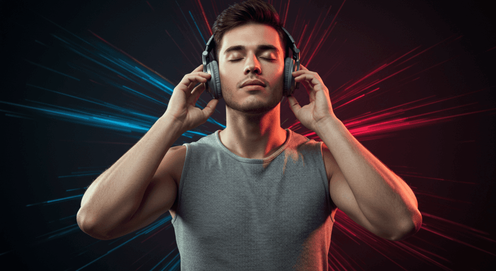 ¿Cómo afecta la música a tu cuerpo? Ciencia y curiosidades sobre su poder 3 "Joven disfrutando de la música con auriculares y ojos cerrados. Fondo con efectos de luz y color. Música y bienestar."