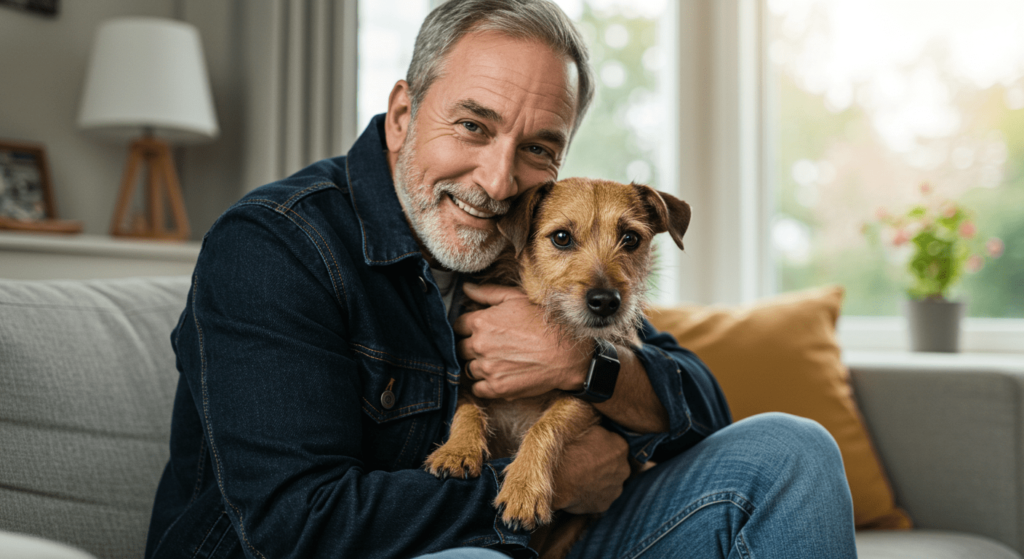 La fidelidad canina: ¿Qué hace que los perros sean tan leales? 2 Hombre mayor abrazando a un perro terrier en casa. Imagen de persona sonriendo y mostrando cariño a su mascota en un ambiente hogareño.