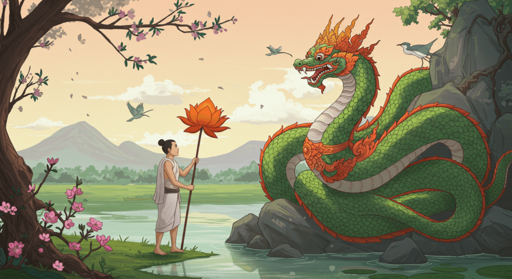Las serpientes y su fascinante forma de moverse 2 Pintura de hombre frente a serpiente verde gigante. Ilustración de un hombre con loto enfrentando una serpiente Naja con cresta roja en paisaje montañoso. Arte tradicional asiático con colores pastel.