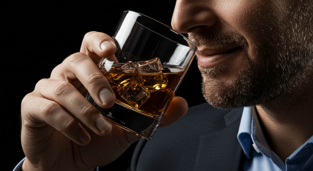 Whisky en el cuerpo: Efectos positivos de su consumo moderado 4 Primer plano de un hombre sonriendo vestido con camisa azul y chaqueta oscura, mientras sostiene y acerca a su rostro un vaso bajo con whisky y hielo.