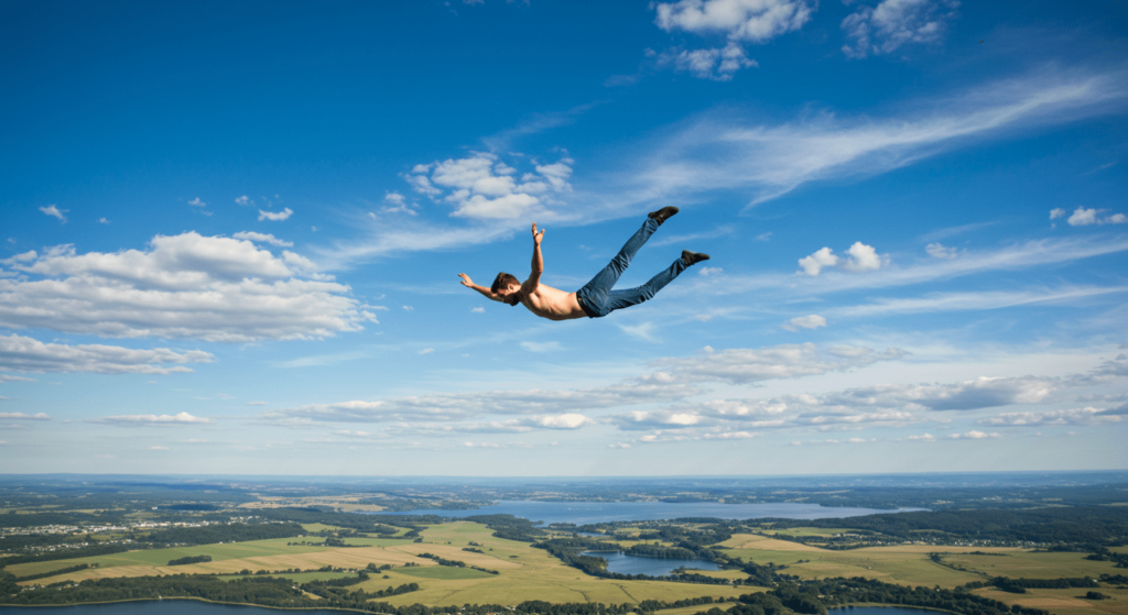 Sueños lúcidos: qué son y cómo puedes experimentarlos 2 Hombre volando cielo azul. Imagen de un hombre en jeans suspendido en el aire con cielo azul y nubes de fondo. Paisaje verde debajo. Sensación de libertad y vuelo.