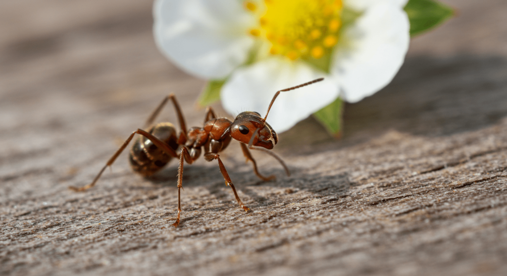Las hormigas: pequeñas trabajadoras con un gran impacto en el planeta 3 Hormiga y flor blanca. Imagen macro de una hormiga roja sobre madera con una flor blanca de fresa al fondo. Naturaleza y fauna.