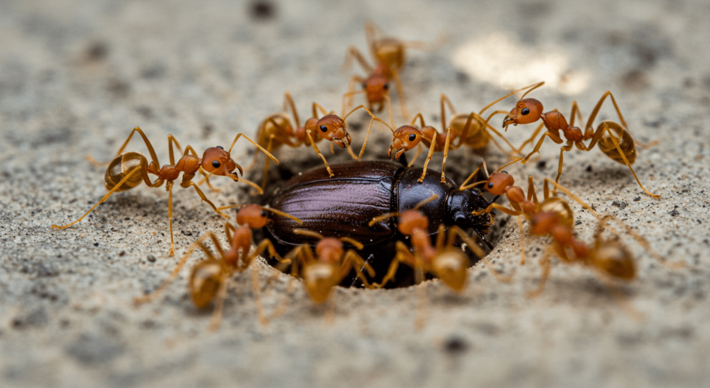 Las hormigas: pequeñas trabajadoras con un gran impacto en el planeta 5 Hormigas atacando escarabajo. Primer plano de hormigas doradas rodeando y atacando un escarabajo atrapado en un agujero. Insectos y depredación.