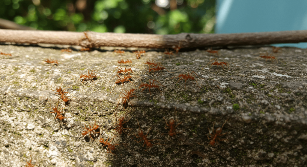 Las hormigas: pequeñas trabajadoras con un gran impacto en el planeta 6 Hormigas rojas sobre muro de piedra. Imagen de hormigas coloradas caminando sobre una pared con musgo y ramas. Naturaleza e insectos.