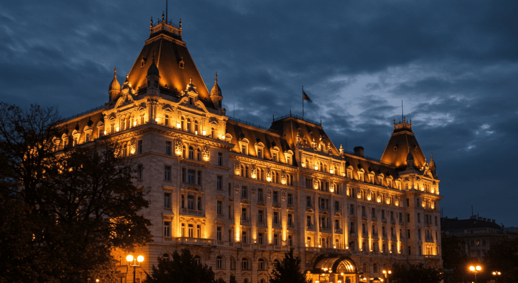 7 arquitecturas maravillosas: obras maestras que deslumbran al mundo 6 Vista nocturna del Gresham Palacio, un hotel de lujo en Budapest. El edificio, iluminado con luz cálida, exhibe una arquitectura detallada con múltiples ventanas y torres ornamentadas. El cielo nocturno tiene un color azul oscuro con nubes. Algunos árboles oscuros en primer plano añaden profundidad