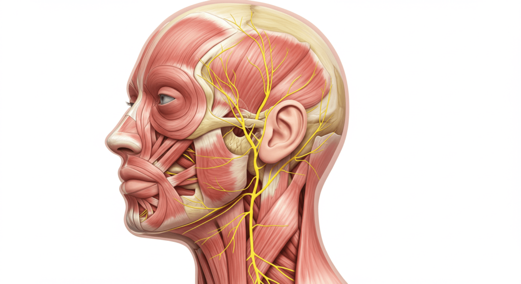 El poder de la sonrisa: cómo influye en nuestra felicidad y bienestar 6 Ilustración anatómica de músculos y nervios de la cabeza y el cuello. Imagen de la musculatura facial y el sistema nervioso del rostro humano, mostrado en un diagrama médico. Representación gráfica de anatomía humana. Accesibilidad web y SEO.