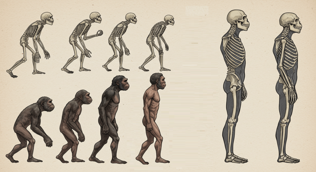 El rostro humano del futuro: ¿Cómo evolucionará nuestra apariencia? 2 Ilustración comparativa de esqueletos de primates. Imagen en blanco y negro que muestra los esqueletos de humanos, gorilas, chimpancés, orangutanes y gibones. Diagrama anatómico de antropología y biología evolutiva. Accesibilidad web y SEO.