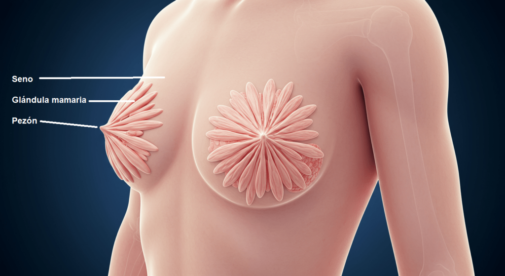 ¿6x1?: ¿Los pechos son un órgano sexual? 7 "Ilustración médica del seno femenino con indicación de glándula mamaria y pezón. Esquema anatómico para fines educativos sobre salud de la mujer y detección temprana del cáncer de mama. Imagen informativa para profesionales de la salud y pacientes."