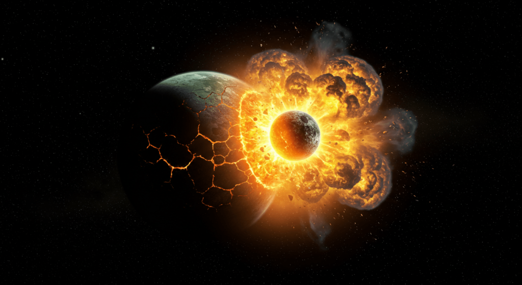 ¿Cómo se formó la Luna? Las teorías sobre su misterioso origen 3 Impacto de dos planetas en el espacio. Explosión cósmica con destellos naranjas y amarillos. Imagen para temas de astronomía, origen del universo y ciencia ficción.