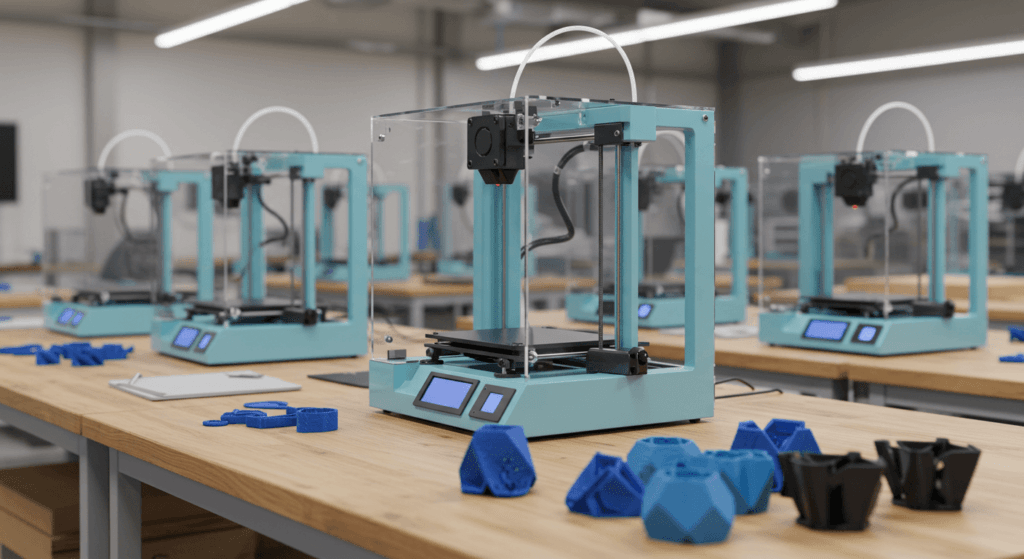 6x1 ¿Por qué hay más diestros que zurdos? 4 "Taller con varias impresoras 3D de color azul sobre una mesa de madera, con objetos impresos en 3D. Imagen del mundo de la impresión tridimensional y la fabricación digital. Ideal para contenido sobre tecnología, innovación, prototipado y fabricación aditiva."