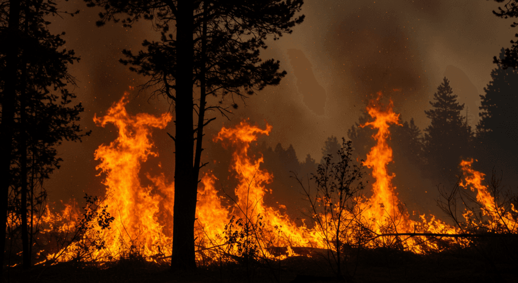 Cómo ha evolucionado la deforestación y qué significa para el medioambiente 4 Incendio forestal con llamas y humo. Imagen de desastre natural y destrucción ambiental. Fotografía accesible para personas con discapacidad visual. Incendio Forestal Árboles Desastre.