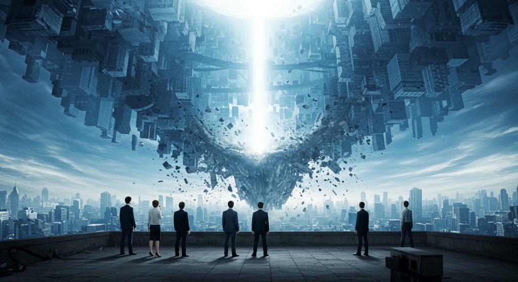 Sueños lúcidos: qué son y cómo puedes experimentarlos 7 Escena Inception ciudad plegada. Imagen de la película Inception con una ciudad doblándose sobre sí misma y un grupo de personas observando la escena desde una azotea. Efecto visual y atmósfera onírica.