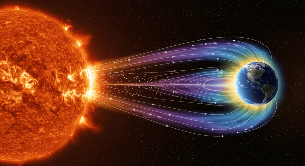 ¿Existe el universo para nosotros o somos solo una coincidencia cósmica? 5 Ilustración científica del Sol emitiendo viento solar hacia la Tierra, la cual está protegida por su magnetosfera. El campo magnético terrestre (líneas azules y amarillas) desvía las partículas solares en el espacio estrellado.