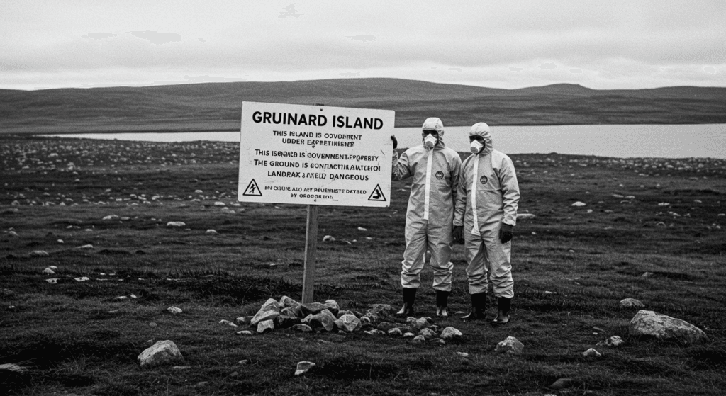 Las 5 islas más peligrosas del mundo: destinos que debes evitar a toda costa 4 Fotografía en blanco y negro de la Isla Gruinard con señal de advertencia por contaminación con ántrax. Dos personas con trajes protectores en un entorno peligroso. Accesible para personas con discapacidad visual.