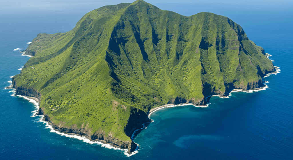 Las 5 islas más peligrosas del mundo: destinos que debes evitar a toda costa 3 Vista aérea de una isla montañosa cubierta de vegetación verde, rodeada de océano azul. Paisaje natural de isla. Accesible para personas con discapacidad visual.