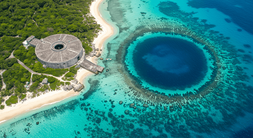Las 5 islas más peligrosas del mundo: destinos que debes evitar a toda costa 7 Vista aérea de una isla tropical con estructura de hormigón circular y un profundo agujero azul en el agua. Contraste entre naturaleza y construcción. Accesible para personas con discapacidad visual.