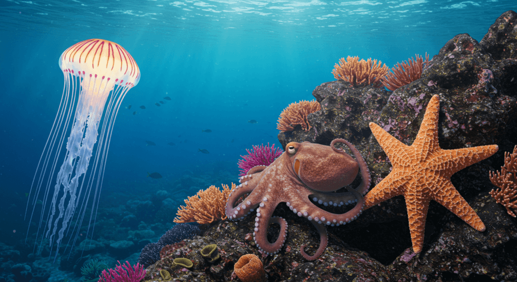 5 animales sin cerebro y sus impresionantes adaptaciones a la vida 2 Medusas, pulpos y estrellas de mar con un arrecife de coral. Imagen de la naturaleza marina y la vida oceánica. Fotografía accesible para personas con discapacidad visual. Medusas, pulpos, estrellas de mar, naturaleza oceánica.
