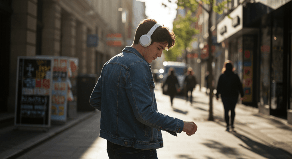 Ritmo y movimiento: la razón por la que tu cabeza se mueve sola con la música 7 "Joven con auriculares blancos caminando por una calle de la ciudad, escuchando música. Imagen accesible sobre tecnología, estilo de vida urbano y música."