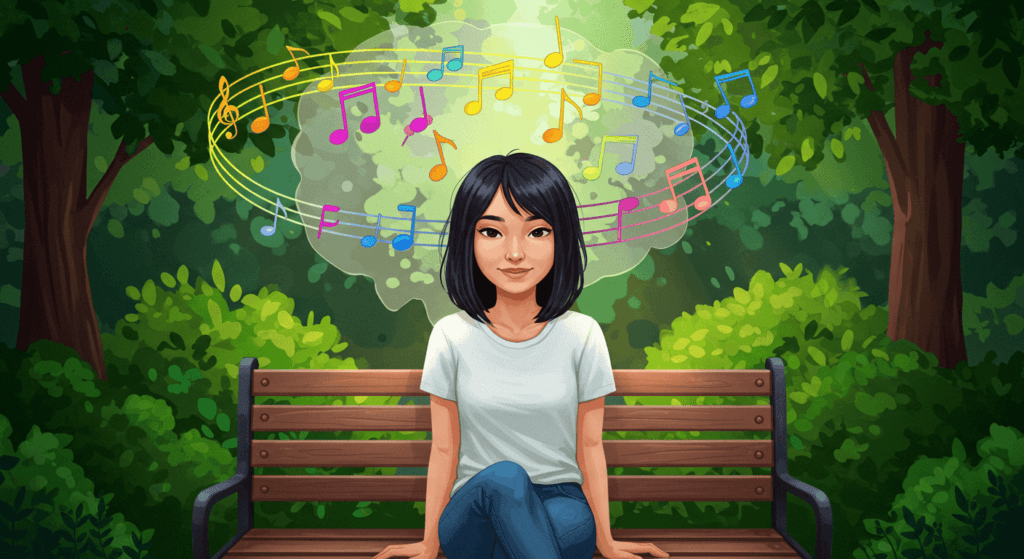 Melodías atrapantes: ¿Por qué algunas canciones no salen de nuestra cabeza? 6 "Ilustración de una joven escuchando música y relajándose en un parque. Imagen accesible sobre música, bienestar y espacios verdes."