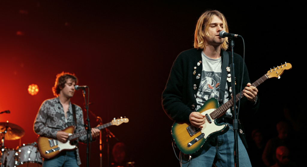 La muerte de Kurt Cobain: El misterio detrás del adiós a un ícono del grunge 2 "Kurt Cobain en concierto con guitarra eléctrica. Actuación en vivo de un icono del grunge con su banda, conectando con el público a través de la música. La música en vivo estimula diversas áreas del cerebro, fomenta la conexión social y proporciona una experiencia sensorial intensa. Música, comunidad y bienestar emocional."