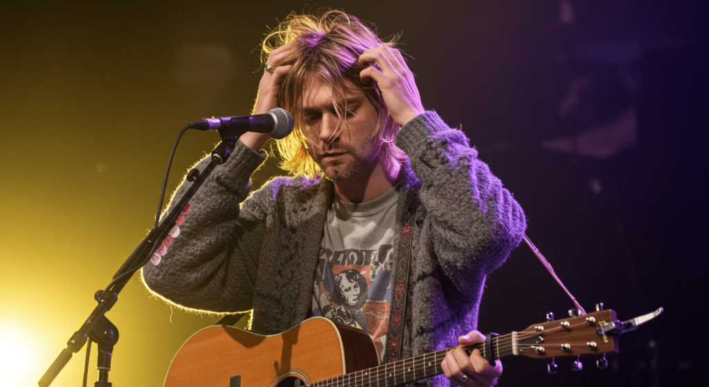 La muerte de Kurt Cobain: El misterio detrás del adiós a un ícono del grunge 5 "Kurt Cobain concentrado en su actuación con guitarra acústica. El poder de la música para la introspección y la expresión personal. La sensibilidad de un artista en el escenario."