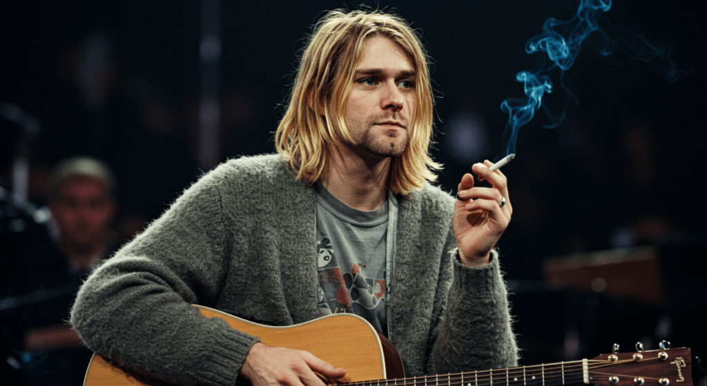 La muerte de Kurt Cobain: El misterio detrás del adiós a un ícono del grunge 1 "Kurt Cobain reflexivo en el escenario con guitarra acústica y cigarrillo. El legado de Nirvana y su impacto en la música como vía para la expresión personal. Investigaciones demuestran que la conexión emocional con la música puede ser un poderoso desahogo y contribuir al bienestar, aunque es importante buscar hábitos saludables. El poder expresivo de la música a través de un icono cultural."