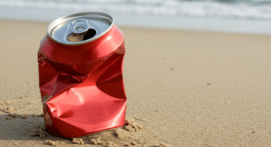 Isla de basura: el impacto de los desechos plásticos en el medioambiente 2 Lata de aluminio roja aplastada en la arena de la playa. Imagen de contaminación costera y residuos. Fotografía accesible para personas con discapacidad visual. Lata Playa Contaminación Residuos.