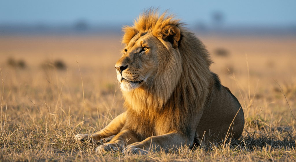 ¿6x1?: ¿En qué año estamos realmente? 6 León descansando en la sabana. Imagen de un león macho con melena dorada, acostado sobre hierba seca. Fauna africana y naturaleza.