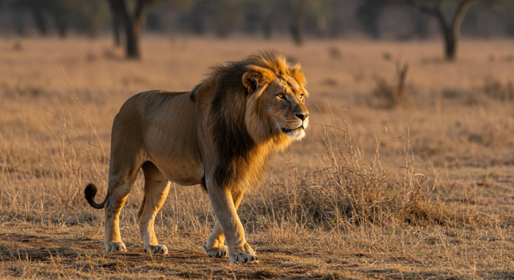 ¿Qué hace al león el rey de la selva? La ciencia detrás de su estatus 1 León macho caminando en la sabana africana. Imagen de un león con melena oscura desplazándose con elegancia en su hábitat natural. Fotografía de vida salvaje y grandes felinos en África. Accesibilidad web y SEO.