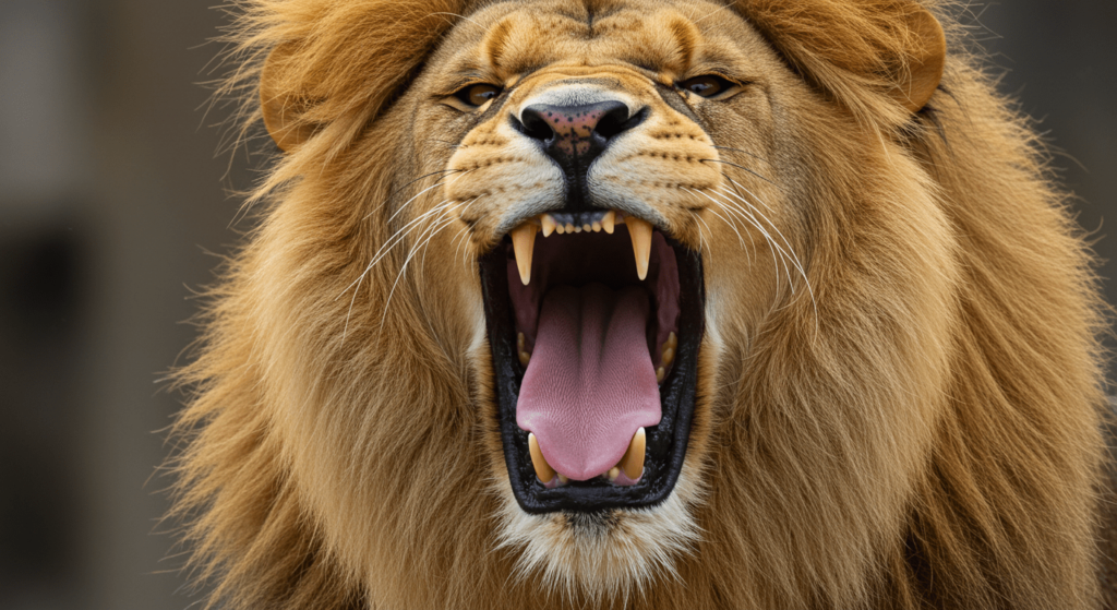 ¿Qué hace al león el rey de la selva? La ciencia detrás de su estatus 3 León rugiendo mostrando sus dientes afilados. Imagen en primer plano de un león con la boca abierta, mostrando sus imponentes dientes. Fotografía de animales salvajes y la majestuosidad de los felinos. Accesibilidad web y SEO.