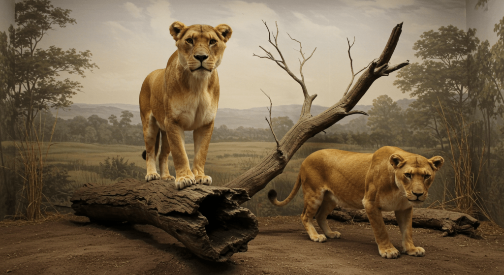 ¿Qué hace al león el rey de la selva? La ciencia detrás de su estatus 2 Leonas en exhibición tipo museo con paisaje africano. Imagen de dos leonas en un diorama que imita la sabana africana, una de pie y la otra al acecho. Fotografía de animales en entorno natural simulado. Accesibilidad web y SEO.