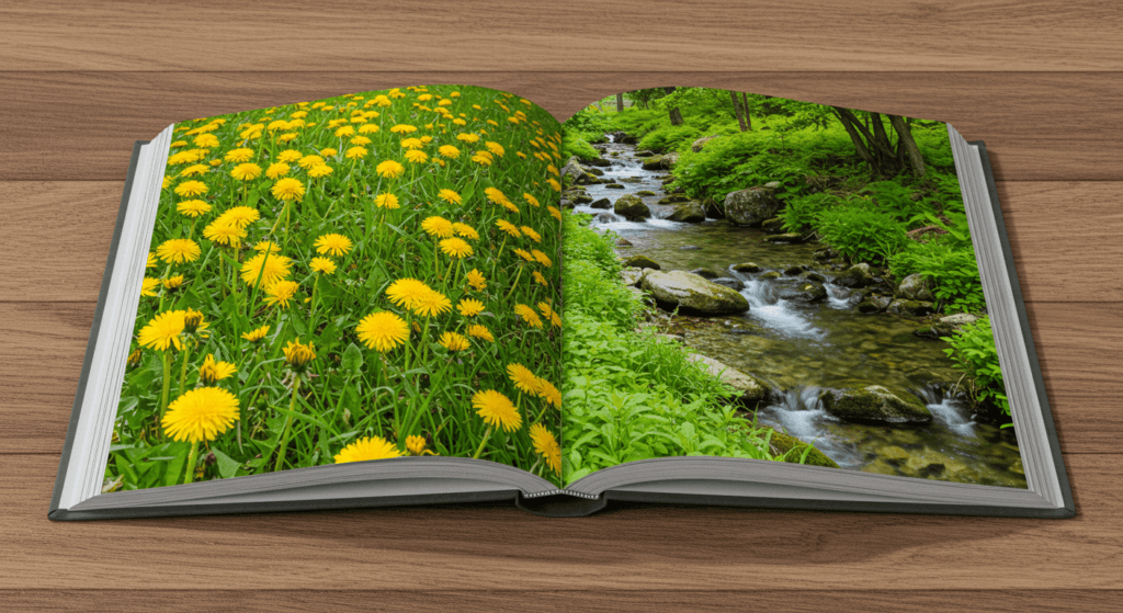 Libro abierto con un campo de dientes de león en una página y un arroyo en la otra. Lectura y naturaleza en armonía. Accesible para personas con discapacidad visual.