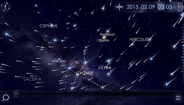 Cómo explorar el cielo nocturno: constelaciones y planetas a simple vista 6 Imagen de una lluvia de meteoros sobre un lago con constelaciones como Cygnus, Lyra y Hércules. Captura de pantalla de una app de astronomía mostrando el cielo nocturno el 9 de febrero de 2015.
