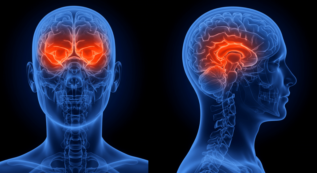Déjà vu: ¿Por qué sentimos que ya hemos vivido este momento? 3 Lóbulo temporal del cerebro humano. Ilustración médica que muestra el lóbulo temporal en naranja sobre silueta azul transparente.