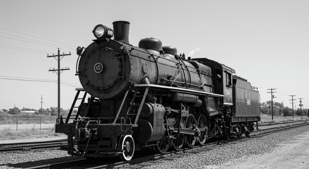 La Revolución Industrial: El cambio que transformó el mundo 2 "Fotografía en blanco y negro de una locomotora de vapor antigua. Imagen detallada de tren clásico sobre rieles. Transporte histórico y tecnología ferroviaria."