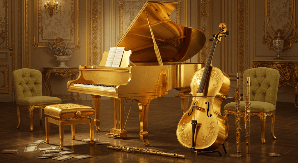 Los 5 instrumentos musicales más caros del mundo y sus historias 2 "Escena opulenta con instrumentos musicales dorados y decoración lujosa, transmitiendo riqueza y extravagancia. Imagen accesible sobre música, diseño de interiores y lujo."