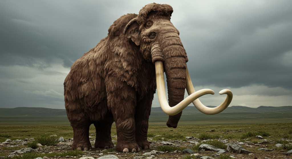 ¿6x1?: ¿Cómo sería un mundo sin religiones? 2 Mamut lanudo con grandes colmillos caminando en paisaje prehistórico. Imagen de mamífero extinto con cielo nublado. Ilustración de animal de la era de hielo. Paleontología y zoología.