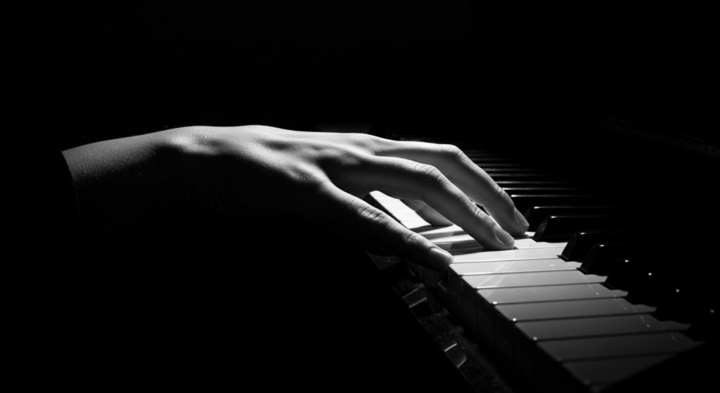 Música clásica: origen, evolución y por qué sigue vigente hoy 4 "Detalle de una mano tocando el piano. Primer plano de dedos presionando las teclas en un ambiente con iluminación dramática. Clases de piano y práctica musical."