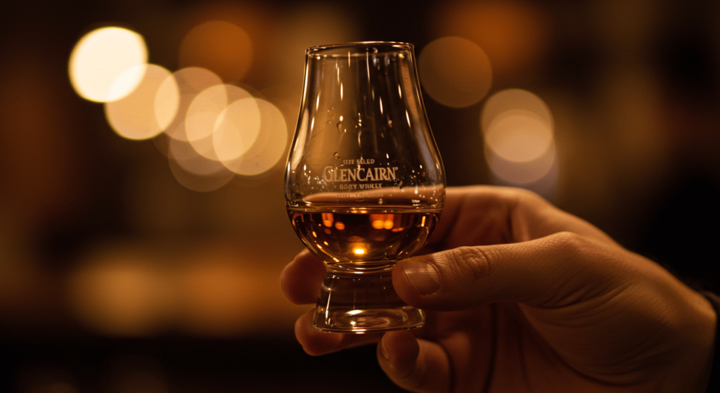 Whisky en el cuerpo: Efectos positivos de su consumo moderado 6 Primer plano de una mano sosteniendo una copa Glencairn de cata con una pequeña cantidad de whisky dorado. El fondo está desenfocado con luces cálidas (bokeh).