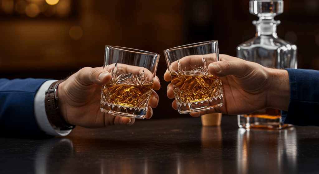 Whisky en el cuerpo: Efectos positivos de su consumo moderado 7 Primer plano de las manos de dos hombres brindando (chocando vasos) con whisky en vasos bajos sobre una barra oscura. Una botella desenfocada al fondo.