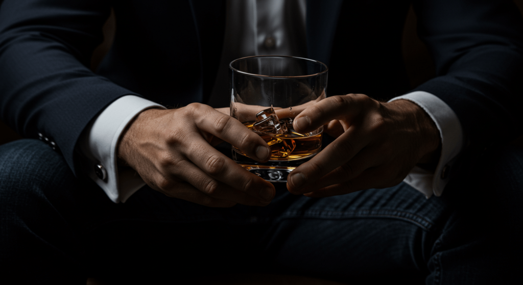 Whisky en el cuerpo: Efectos positivos de su consumo moderado 5 Primer plano de las manos de un hombre elegantemente vestido con traje y camisa blanca, sosteniendo con ambas manos un vaso bajo con whisky sobre fondo negro.