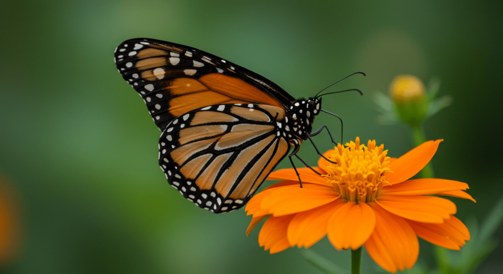 ¿6x1?: ¿Cómo piensan los sordos? 3 Primer plano de mariposa monarca sobre flor naranja. Imagen de naturaleza, insectos y primavera. Accesibilidad web.