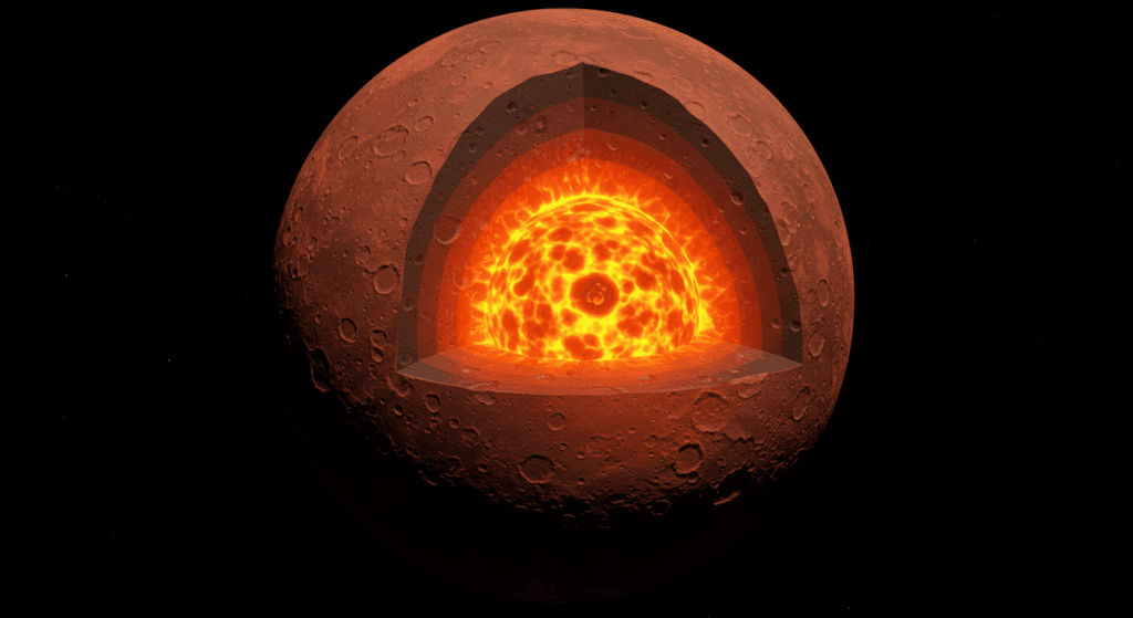 Marte: el planeta rojo y su fascinante relación con la Tierra 6 Imagen seccionada de Marte mostrando su estructura interna, desde la corteza rojiza hasta el núcleo incandescente. Representación científica de la composición planetaria. Accesible para personas con discapacidad visual.