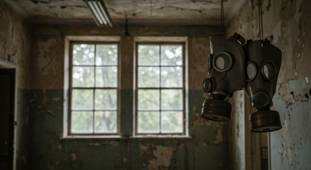 El Turismo Negro: Explorando los destinos más oscuros del mundo 6 Máscaras de gas colgando en un edificio abandonado. Imagen de desolación y peligro, evocando desastres y zonas de exclusión. Ideal para contenido sobre historia, postapocalíptica y exploración urbana.