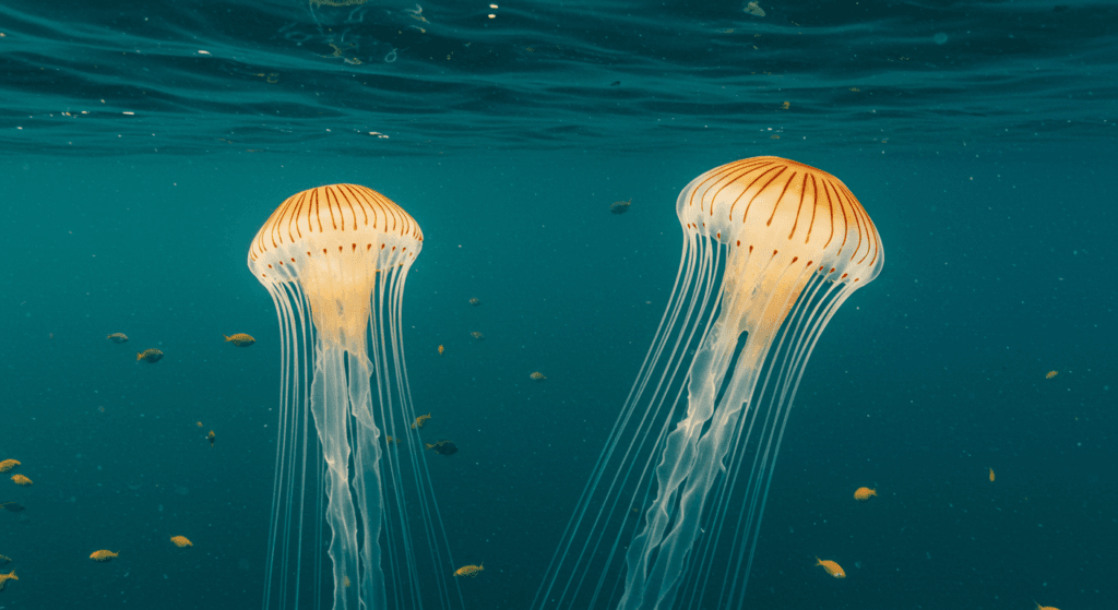 5 animales sin cerebro y sus impresionantes adaptaciones a la vida 3 Medusas amarillas nadando en el océano con peces pequeños. Imagen de vida marina y ecosistema acuático. Fotografía accesible para personas con discapacidad visual. Medusas Océano Vida Marina Naturaleza.