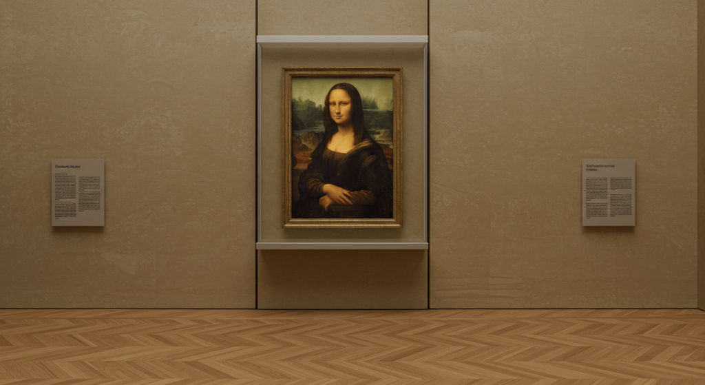 ¿Por qué la Mona Lisa es tan famosa? El misterio detrás de La Gioconda 6 La Mona Lisa de Leonardo da Vinci protegida en una urna de cristal en el Museo del Louvre. Vista del montaje museístico. Accesible para personas con discapacidad visual.