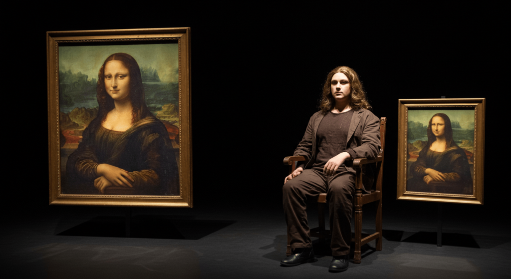 ¿Por qué la Mona Lisa es tan famosa? El misterio detrás de La Gioconda 3 Recreación de la Mona Lisa: una persona real vestida como el personaje de la pintura, junto a la obra original. Interpretación artística de un icono cultural. Accesible para personas con discapacidad visual.
