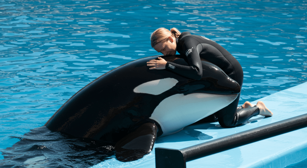 Wikie: la primera orca en replicar palabras humanas y lo que eso significa para el estudio de los animales 3 Mujer abrazando a una orca. Imagen de una entrenadora abrazando a una orca fuera del agua, mostrando una conexión entre humanos y animales marinos. Fotografía de cetáceos y vida silvestre. Accesibilidad web y SEO.