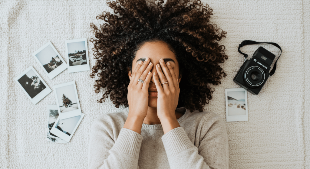 Déjà vu: ¿Por qué sentimos que ya hemos vivido este momento? 6 Mujer con pelo rizado cubriendo su rostro con fotos y una cámara a su alrededor. Imagen desde arriba de mujer con fotos Polaroid en una manta blanca.