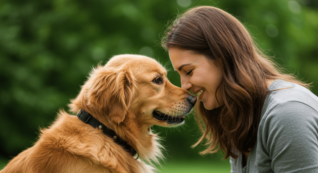 La fidelidad canina: ¿Qué hace que los perros sean tan leales? 6 Mujer acariciando a un golden retriever con ternura. Imagen de persona y perro mostrando cariño y afecto mutuo en la naturaleza.
